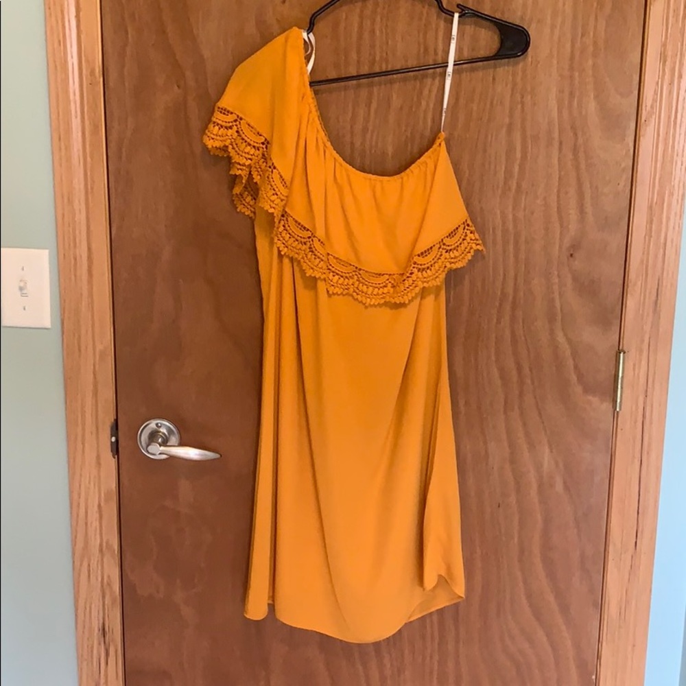 One shoulder mustard yellow dress